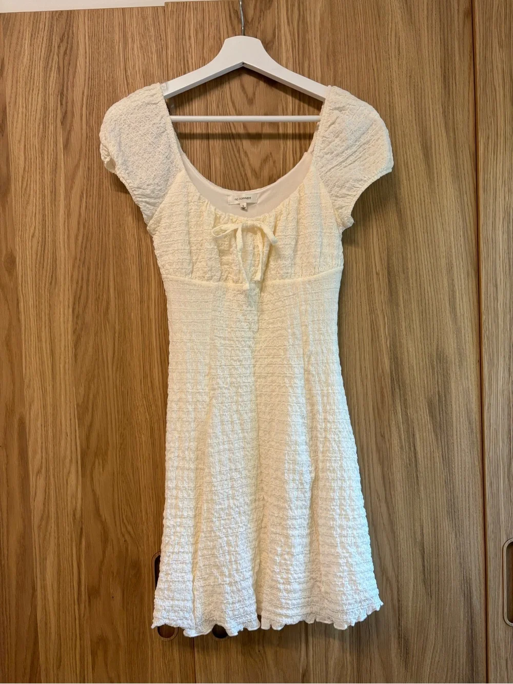 Textured Cream Mini Dress with Tie Front - Picture 1 of 3